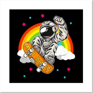Skater Astronaut with Rainbow Space Skateboard Posters and Art
